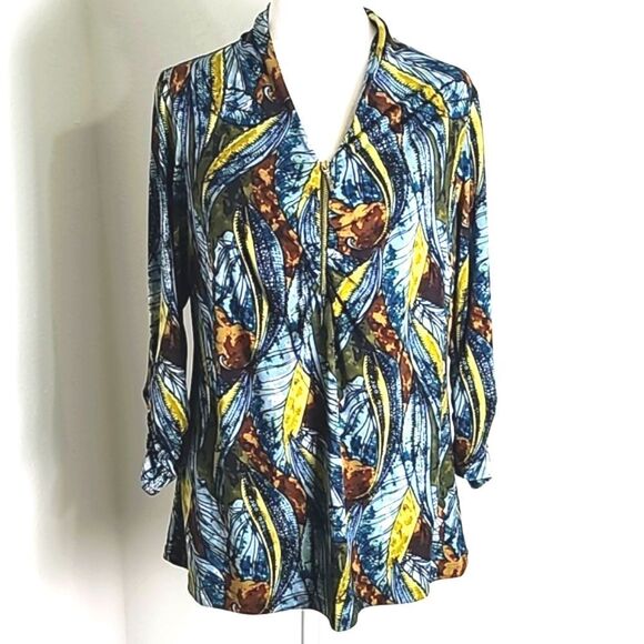 Susan Graver Beautiful Blue & Yellow Print Top, Zipper at Neckline, Size Medium - Picture 1 of 9